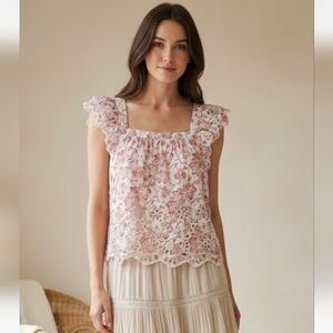 Rachel Ashwell Shabby Chic Red Toile Eyelet Cotton Sleeveless Babydoll Top New